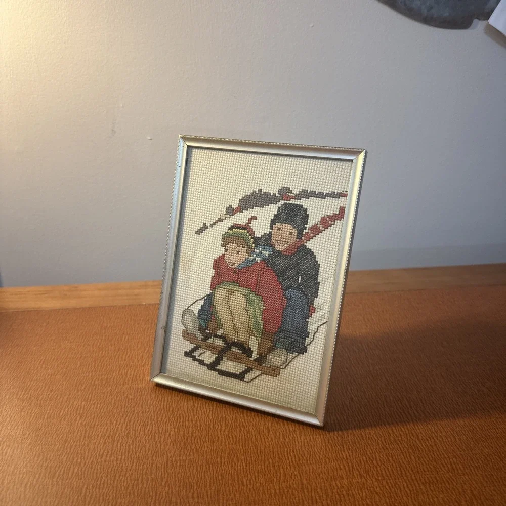 Vtg Crossstitch In Gold Grame Winter Holiday Sledding